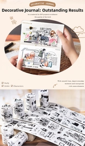 Detail of black and white hand-drawn decorative tape showing character patterns for DIY journals