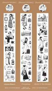 Detail of 60mm black and white hand-drawn illustration washi tape for journaling DIY
