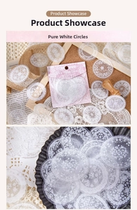 Macro view of pure white lace PET stickers featuring intricate floral and geometric patterns