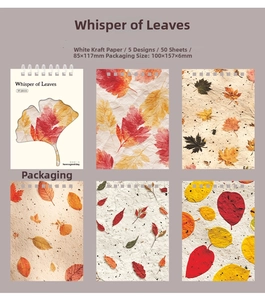 Detail view of colorful leaf themed kraft decorative paper sheets for DIY journaling