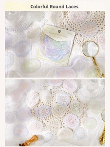 Macro shot of colorful round glitter PET lace stickers for scrapbook decoration