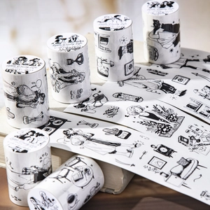 Ruban Washi Série Little Daily Life Thème Personnages Noir et Blanc Rétro Dessiné à la Main Décoration Journal