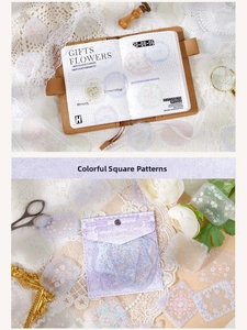 Detailed view of semi-transparent PET flower lace stickers on vintage journal pages
