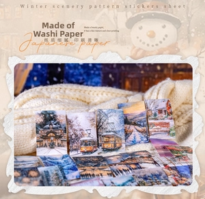 Detailed view of washi paper winter scenery stickers featuring retro buildings and snowy scenes