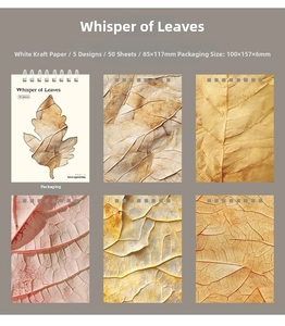 Macro detail of leaf-themed white kraft paper decorative sheets for DIY scrapbooking