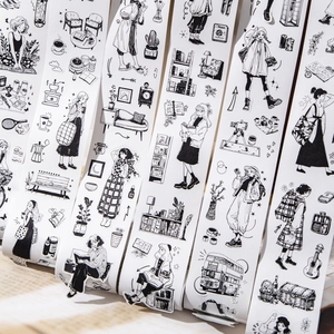 Ruban décoratif minimaliste noir et blanc avec illustrations de style lifestyle