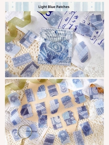 Close-up of Light Blue Patches PET stickers for scrapbooking with floral and plaid patterns