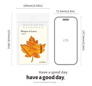 Size comparison showing the 50-sheet leaf-themed stationery pad with an iPhone 15 frame