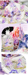 Detail of fantasy flower spirit stickers with translucent fairy and castle designs