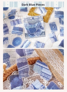 Detailed view of dark blue vintage lace and plaid PET stickers for journaling decor