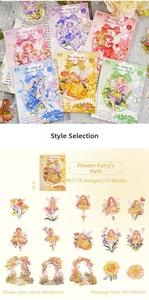 Macro detail of PET floral fairy stickers featuring 15 unique whimsical flower elf designs