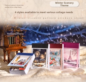 Winter scenery sticker book showing detailed city landmarks like Big Ben and Eiffel Tower