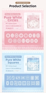 Macro detail of glitter lace PET stickers in circular and square frame styles