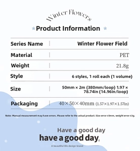 Detailed size chart for Winter Flower PET tape showing 50mm x 2m loop specifications