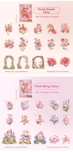 Close-up of floral fairy PET stickers showing delicate watercolor butterfly girl patterns