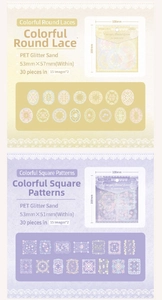 Detail of PET glitter lace border stickers showing round and square vintage frame designs