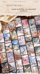 Flat lay of 50 winter landscape decorative stickers for scrapbooking and DIY crafts