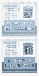 Detailed specs of glitter PET stickers featuring blue floral and lace vintage designs
