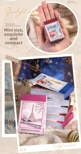 Macro shot of miniature winter scenery sticker book showing compact size and retro designs
