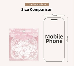 Size comparison of MISS TIME PET glitter lace stickers next to a mobile phone outline