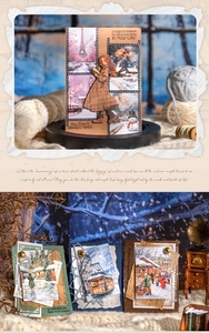 Close-up of vintage winter stickers featuring Eiffel Tower and retro street scene patterns