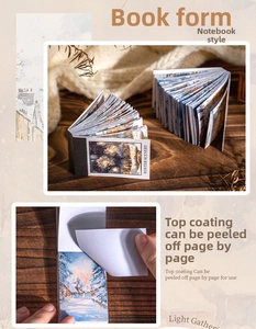Detail of Winter Scenery sticker book showing top-glued binding on a rustic wooden desk