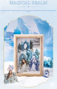 Macro view of 3D layered paper art with wolf and fairy in a wooden picture frame