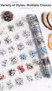 Detail showing 6 styles of winter floral PET tapes with roses and snowflakes on snow