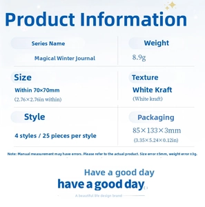 Detailed product specifications of winter themed DIY stickers with white kraft paper material