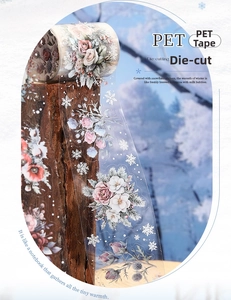 Detail of PET floral tape with winter flowers and snowflakes on a tree branch