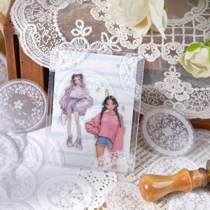 Aesthetic vintage PET sticker set with white lace patterns and anime character card