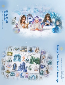Macro view of Magic Winter Notes stickers showing white kraft paper and fantasy ice designs