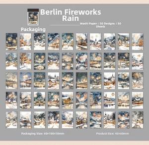 50-piece set of winter landscape stickers featuring European architecture and fireworks
