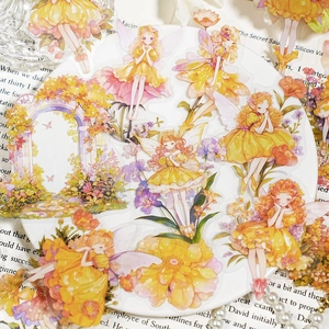 Floral fairy PET stickers set for scrapbooking featuring cute yellow flower elf designs
