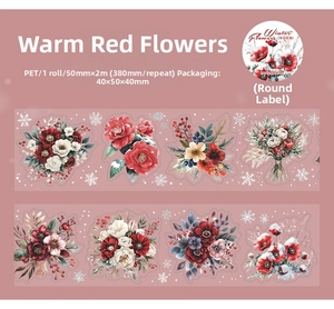 Detailed pattern of winter red floral PET tape with berries and snowflakes motifs