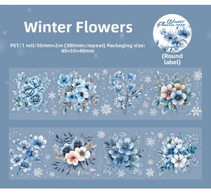 Detailed blue floral PET tape for scrapbooking with snowflake motifs and 50mm width