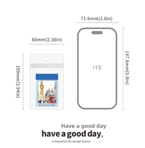 Detailed size comparison of winter scenery stickers next to an iPhone 15 outline