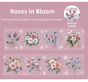Macro view of Winter Flower Sea PET tape showing realistic roses and dried floral details