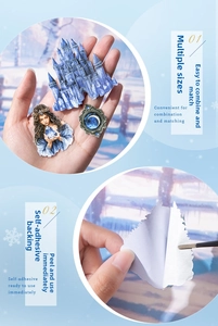 Detail of magic winter DIY stickers featuring blue fantasy castle and easy-peel adhesive