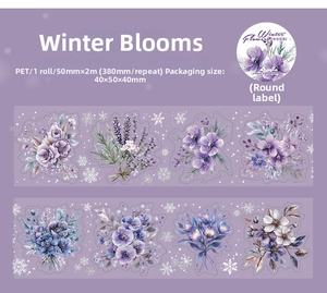 Detail of Winter Flower PET tape showing 50mm width and purple floral patterns