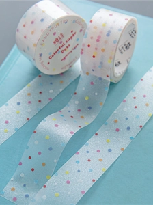 Macro detail of translucent PET tape featuring colorful sugar dots with a shimmering texture