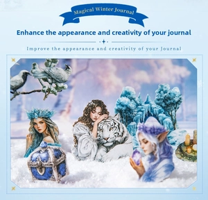 Close-up of winter fantasy stickers featuring white tigers and ice castles for journaling