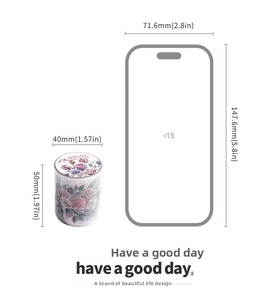 Detailed view of vintage flower PET tape roll with iPhone 15 size reference diagram