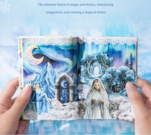 Detailed scrapbook page featuring magical winter stickers with white tiger and icy aurora scenes