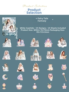 Detail view of 25 whimsical winter fairy tale stickers featuring white tigers and magic crowns
