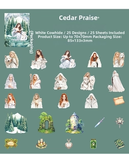 Flat lay of winter fantasy stickers featuring white wolves, castles and magical items