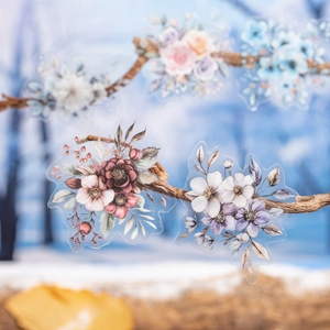Winter floral PET tape with vintage hand-drawn flowers on natural branches