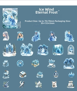 Detailed view of 25 magic winter kraft stickers featuring arctic animals and fantasy icons