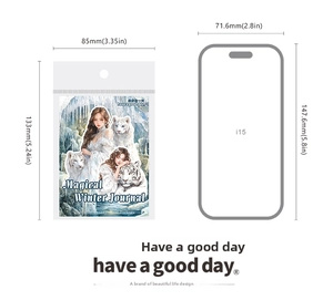 Detailed view of Magical Winter Journal stickers with size comparison to a mobile phone