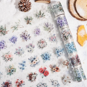 PET floral tape with winter flowers and berries on white snow background scenery